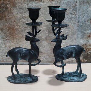Pair Vintage Brass Stag Deer Antlers Taper Candle Holders Black Patina